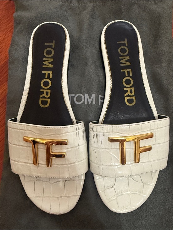 Tom Ford Shoes - Authentic Tom Ford White Croc-Embossed Slide Mules with Gold TF Emblem
